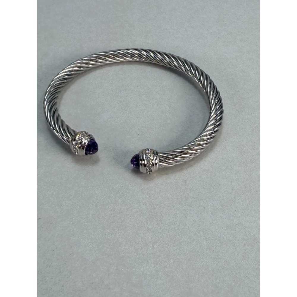 Cable Twist Cuff Bracelet Purple Crystal Rhinestone Silver Tone Designer Style